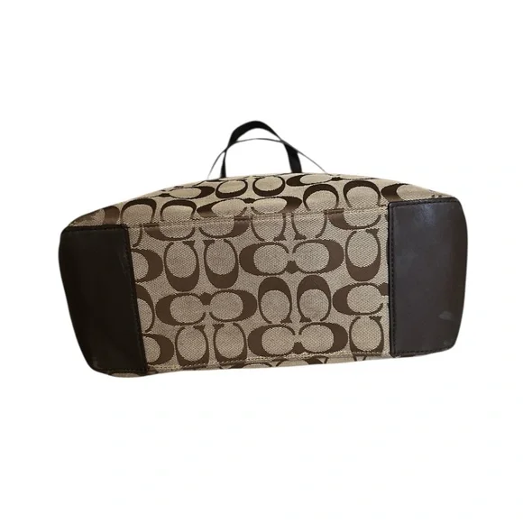 COACH Signature Tote Bag Shoulder Canvas Khaki Beige Dark Brown - Picture 3 of 7